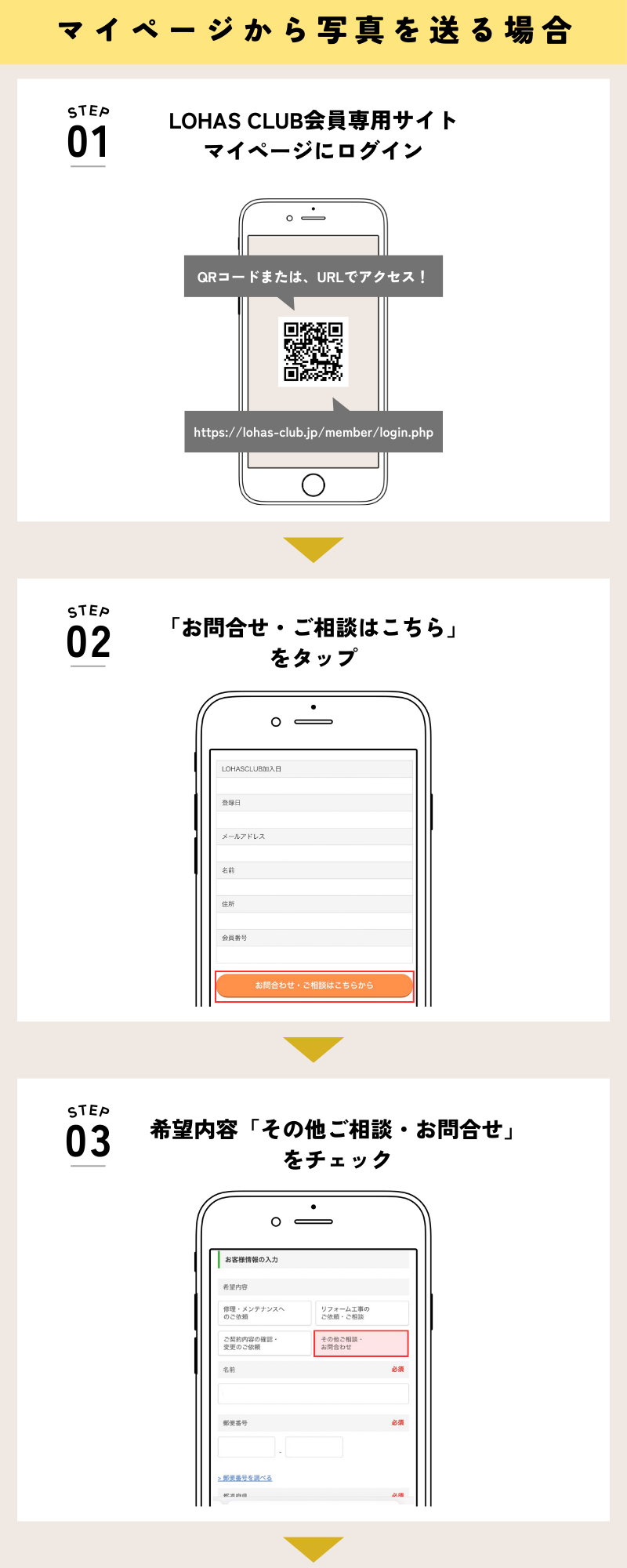 ① LOHAS CLUB WEBサイトのマイページ(https://lohas-club.jp/login/)にログインし、  「お問合せ・ご相談はこちら」をクリック  ②お客様情報の入力​画面が表示されますので、希望内容「その他ご相談・お問合せ」をチェック  ③お客様情報の必須項目が入力されているか確認し、一番下の画像欄「ファイルを選択」をクリックして写真を添付してください  ④LOHAS CLUB個人情報に同意いただけたら「レ点」にチェック  ※こちらにチェックがないと、次に進めません